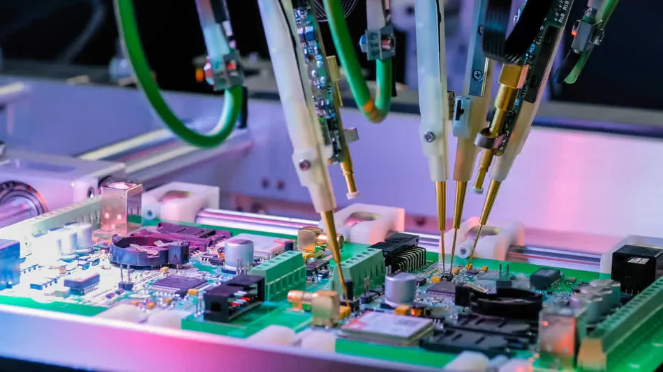 Test probes contacting a populated PCB on an in-circuit test fixture
